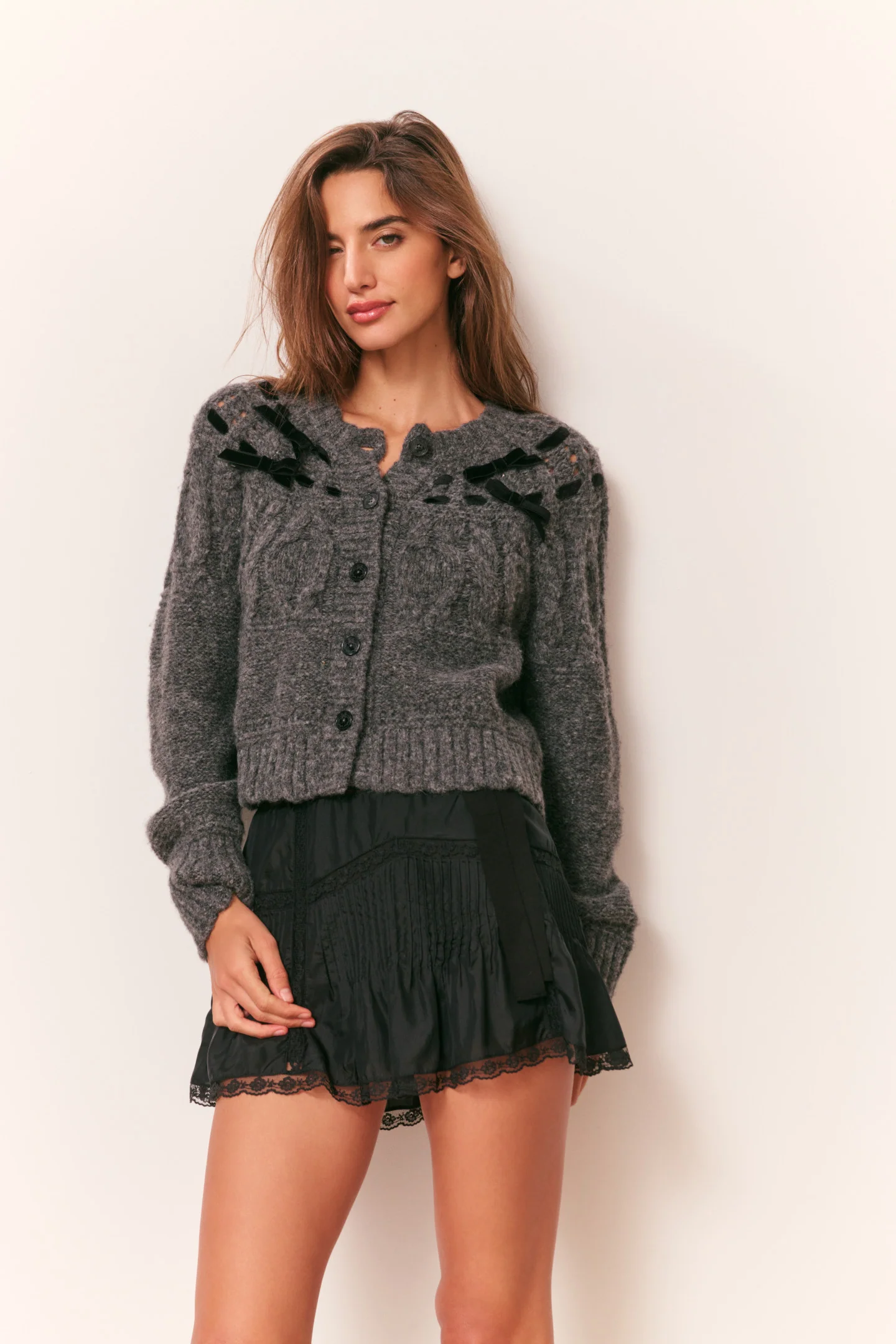 Clementian Cardigan em Renda Misturada de Alpaca