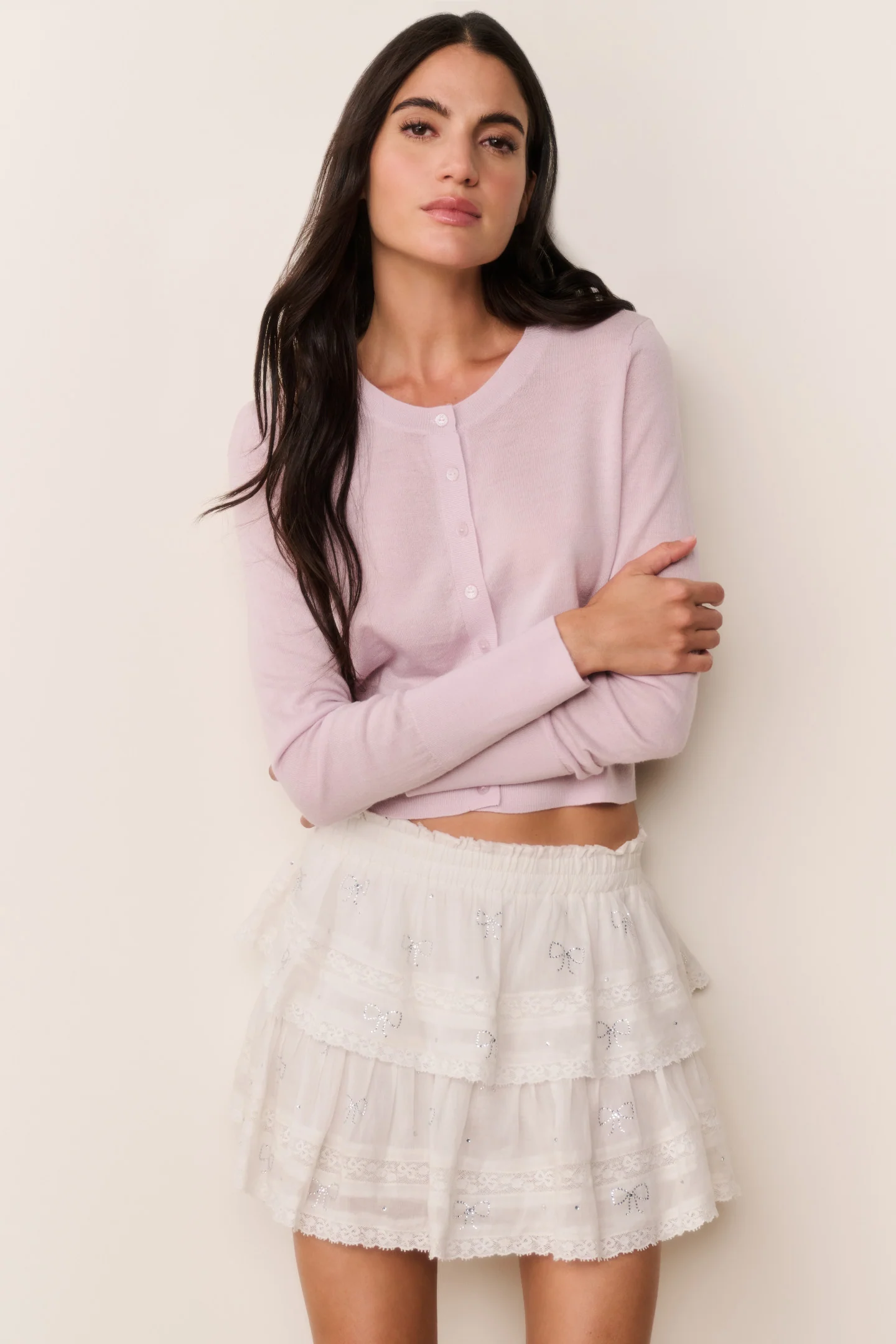 Saia Mini com Laço de Cristal e Ruffles