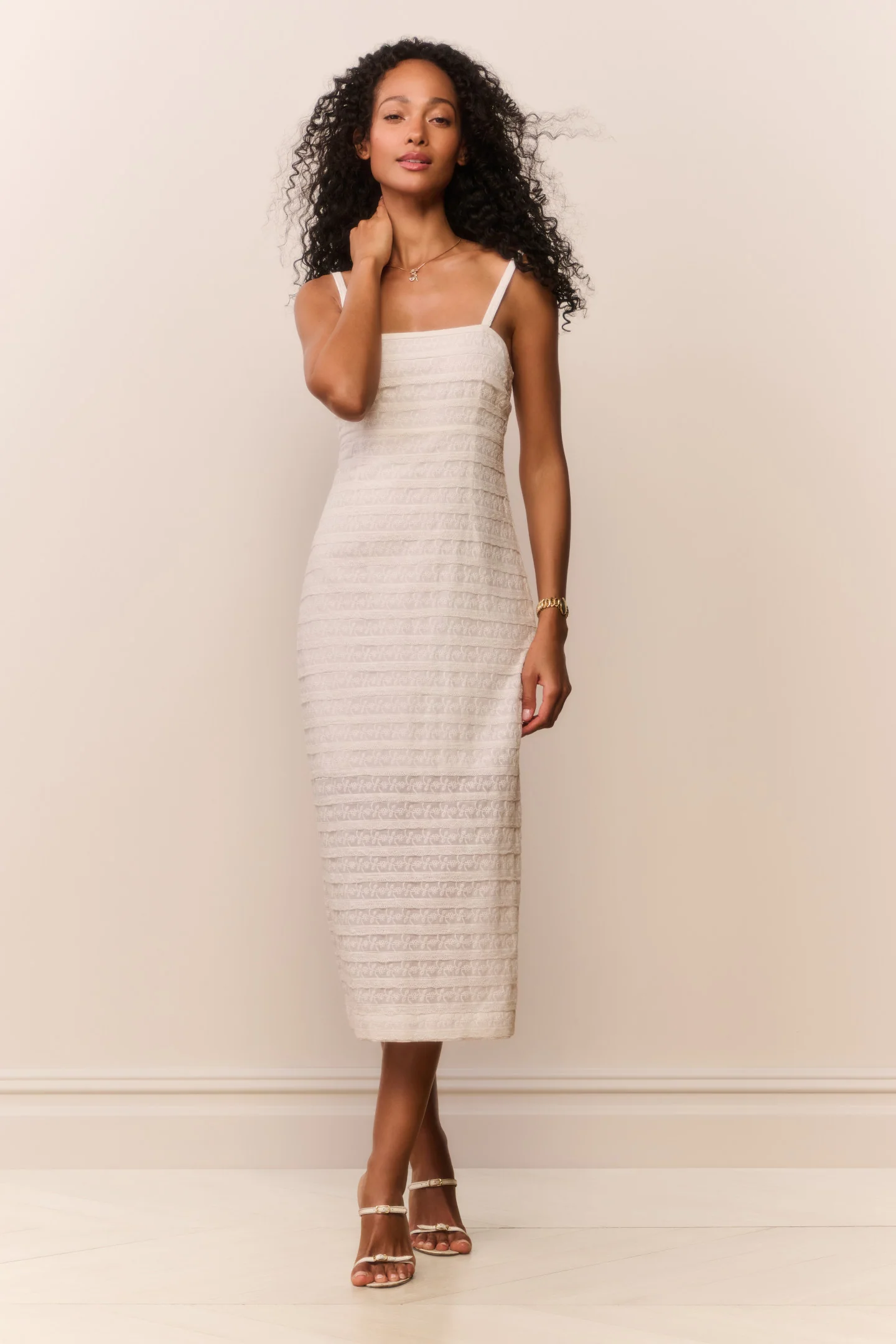 Verna Vestido Midi Listrado de Renda