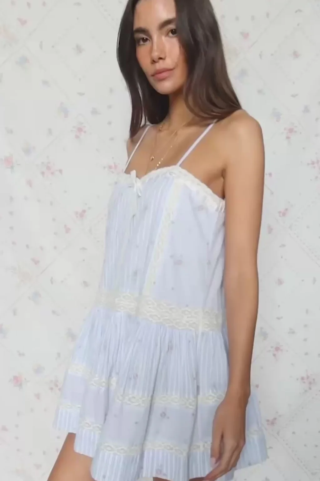 Vionett Vestido Mini Listrado Floral de Algodão