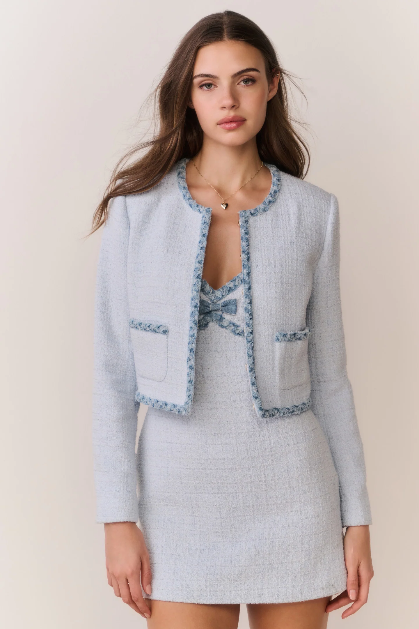 Jaqueta de Tweed com Borda de Jeans Azula