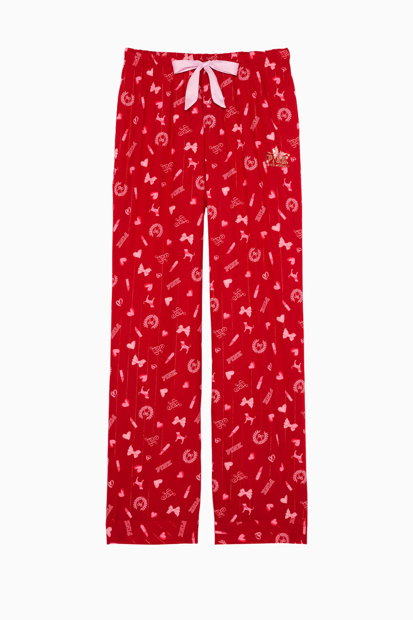 PANTUCA DE PIJAMA DE FLANELA COM LISTRAS DE LUREX VERMELHAS PINK x LoveShackFancy