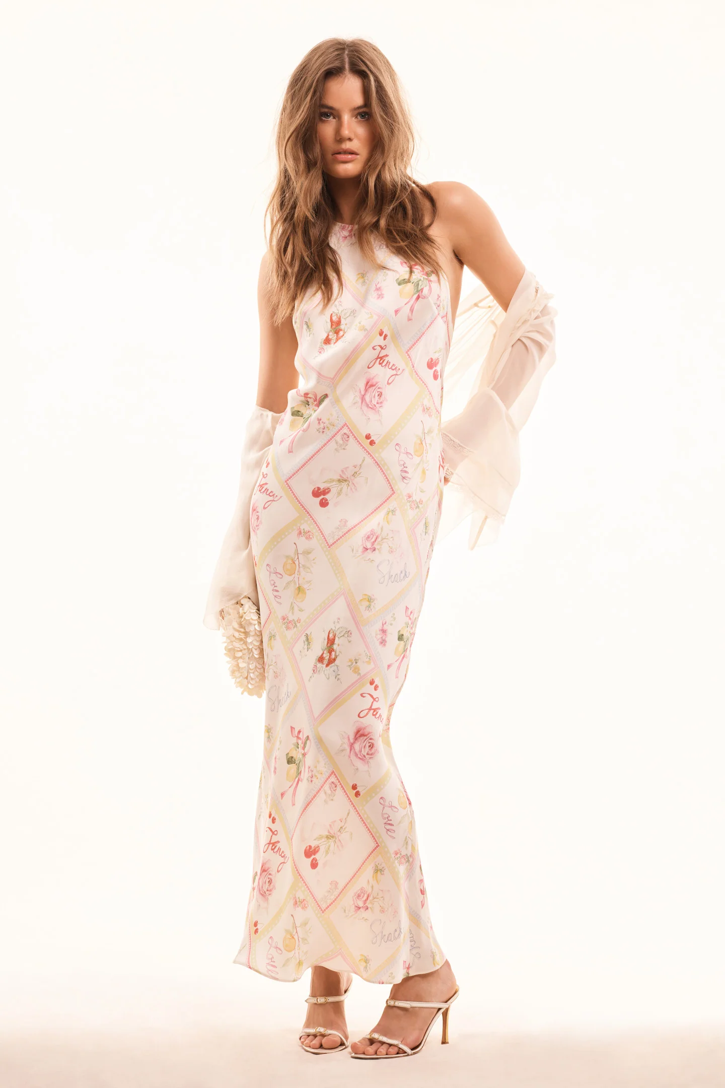 Vestido com Estampa de Frutas em Tecido Misturado de Seda Brynthe
