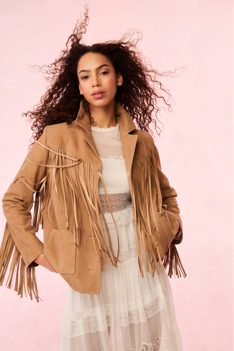 Jaqueta Geraline de Couro Suede com Fringe